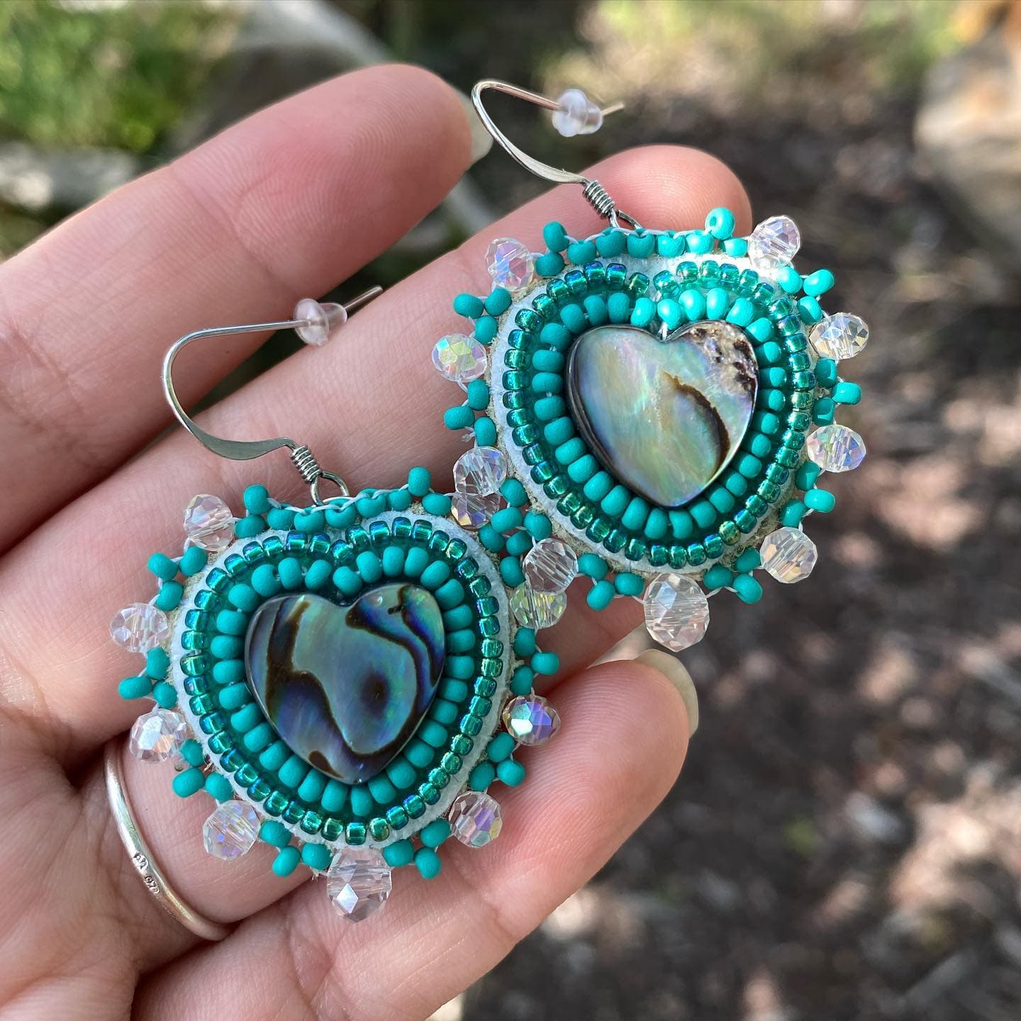 Abalone Heart Earrings — Teal