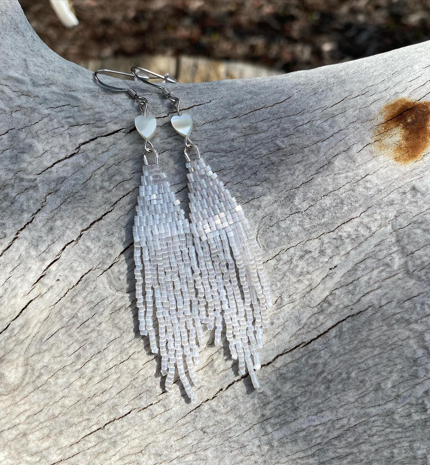 White Fringe Earrings — Pearl Hearts